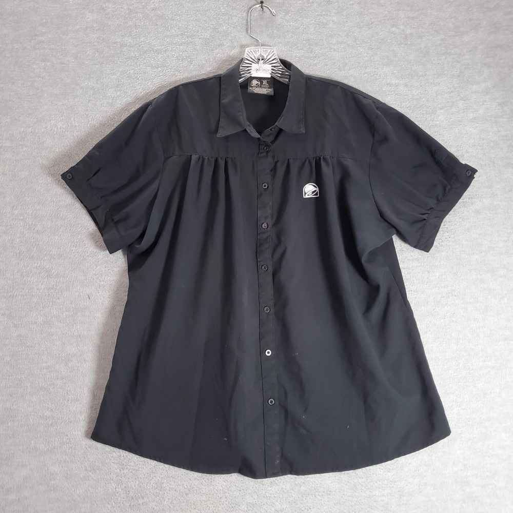 Taco Bell Women Top XL Black Button Up‎ Collar Logo Embroidered Short Sleeve